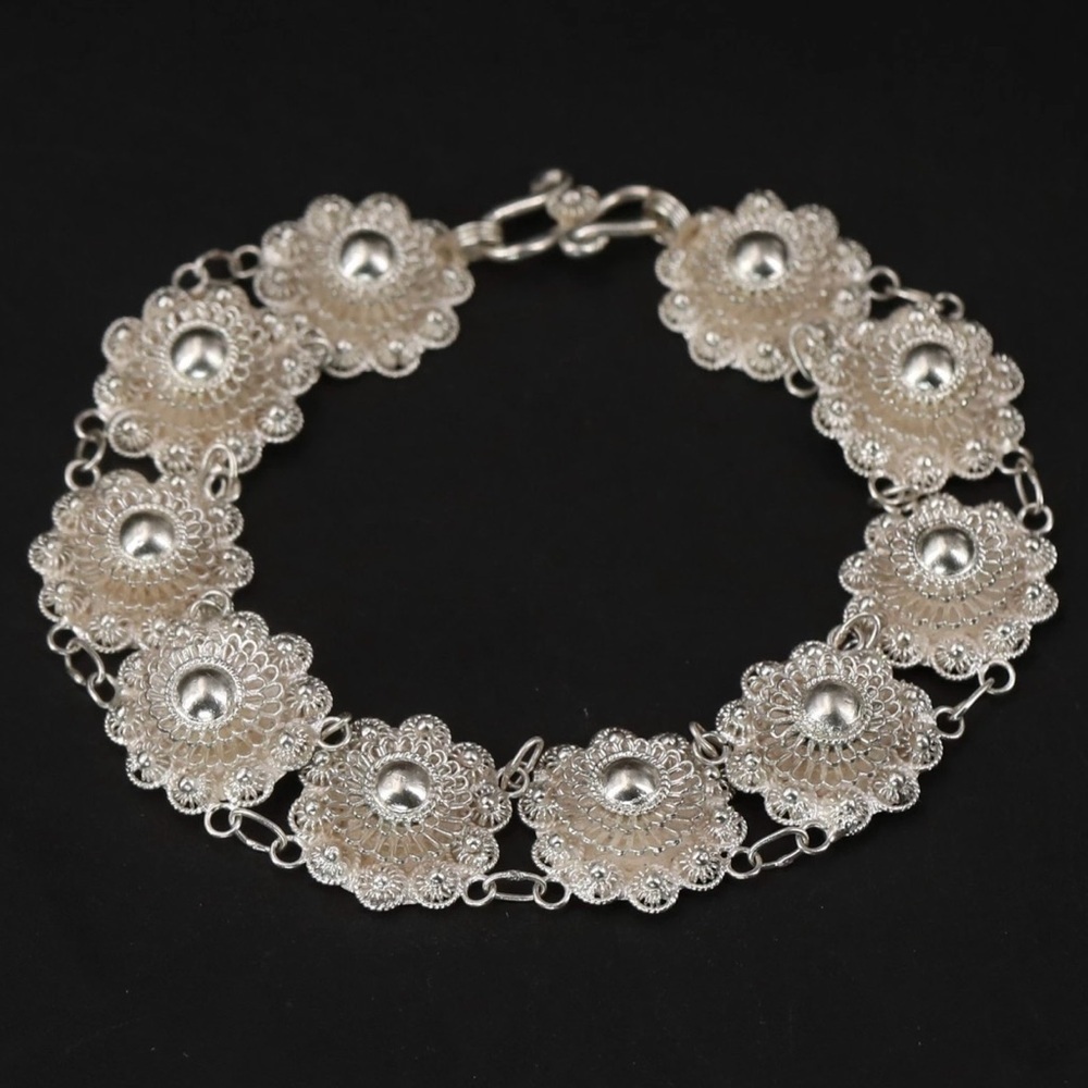 VTG Sterling Silver - SIAM Cannetille Flower Link 7.5" Chain Bracelet - 16g